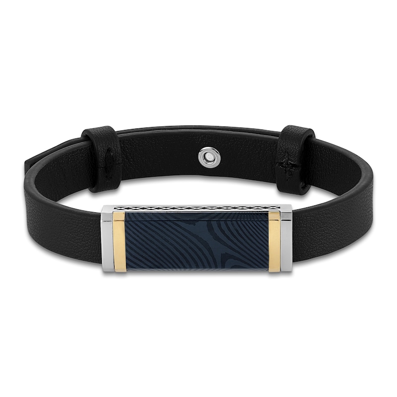 Main Image 1 of Forged by Jared Men's Leather Bracelet with Sterling Silver, Blue Ion-Plated Damascus Steel & 18K Yellow Gold 8.5"