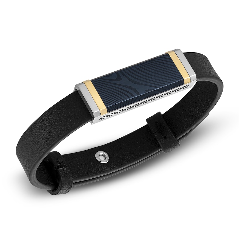 Main Image 2 of Forged by Jared Men's Leather Bracelet with Sterling Silver, Blue Ion-Plated Damascus Steel & 18K Yellow Gold 8.5"