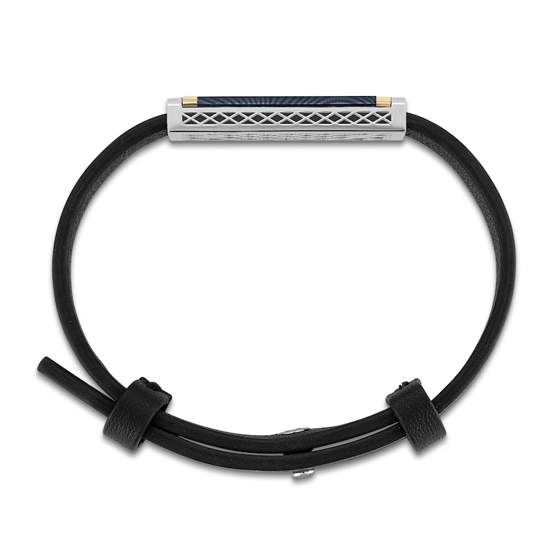 Main Image 3 of Forged by Jared Men's Leather Bracelet with Sterling Silver, Blue Ion-Plated Damascus Steel & 18K Yellow Gold 8.5"
