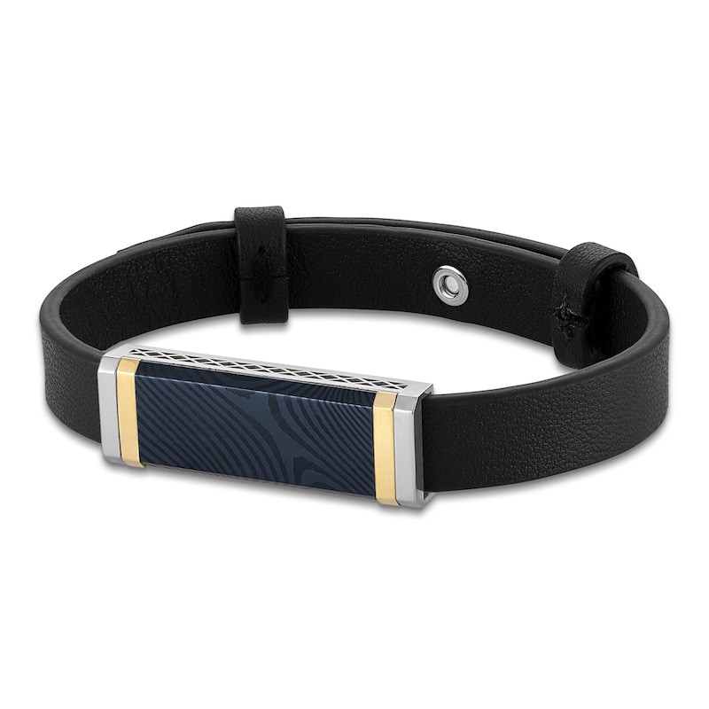 Main Image 4 of Forged by Jared Men's Leather Bracelet with Sterling Silver, Blue Ion-Plated Damascus Steel & 18K Yellow Gold 8.5"