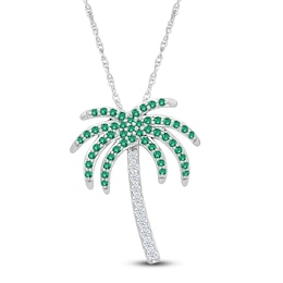 Lab-Created Emerald & White Lab-Created Sapphire Palm Tree Necklace Sterling Silver 18"
