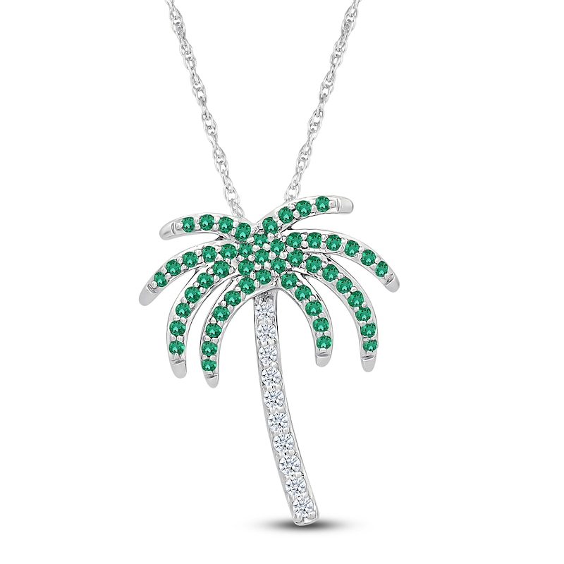 Main Image 1 of Lab-Created Emerald & White Lab-Created Sapphire Palm Tree Necklace Sterling Silver 18"