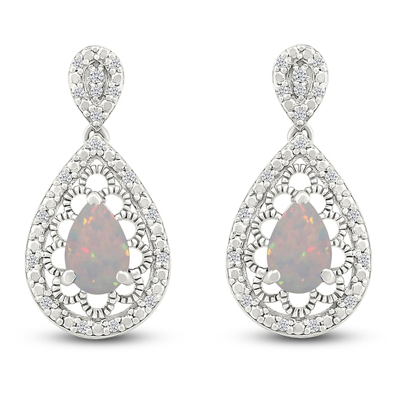 Pear-Shaped Lab-Created Opal & Diamond Dangle Earrings 1/6 ct tw Sterling Silver