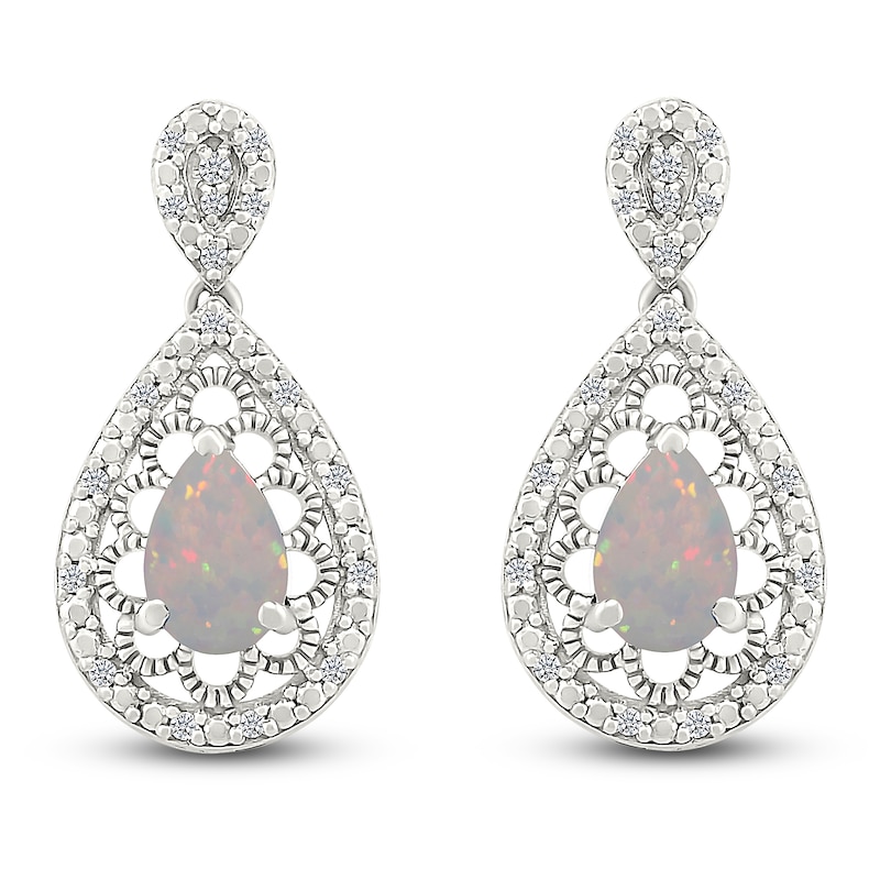 Main Image 1 of Pear-Shaped Lab-Created Opal & Diamond Dangle Earrings 1/6 ct tw Sterling Silver