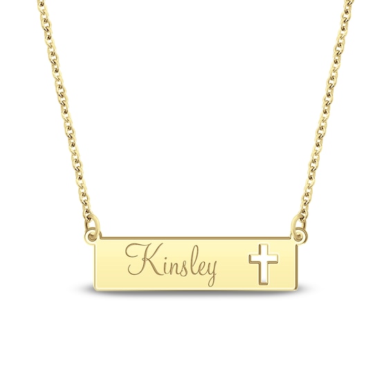Engravable Name Bar Necklace with Cut-Out Cross 14K Yellow Gold 18"