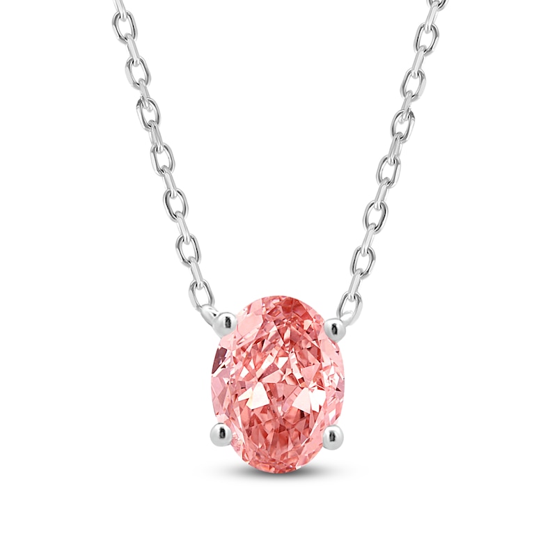Main Image 1 of Oval-Cut Pink Lab-Grown Diamond Solitaire Necklace 1 ct tw 14K White Gold 18"