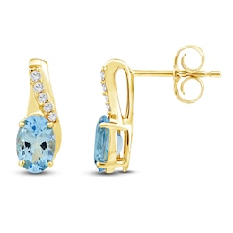 Oval-Cut Natural Aquamarine & Diamond Earrings 1/20 ct tw 10K Yellow Gold