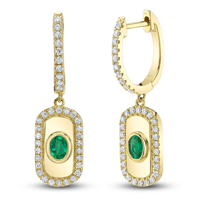 Main Image 1 of Shy Creation Oval-Cut Natural Emerald & Diamond Dangle Hoop Earrings 3/8 ct tw 14K Yellow Gold SC41002344