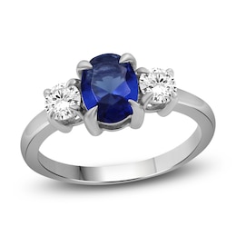 Oval-Cut Blue Lab-Created Sapphire & White Lab-Created Sapphire Three-Stone Ring Sterling Silver
