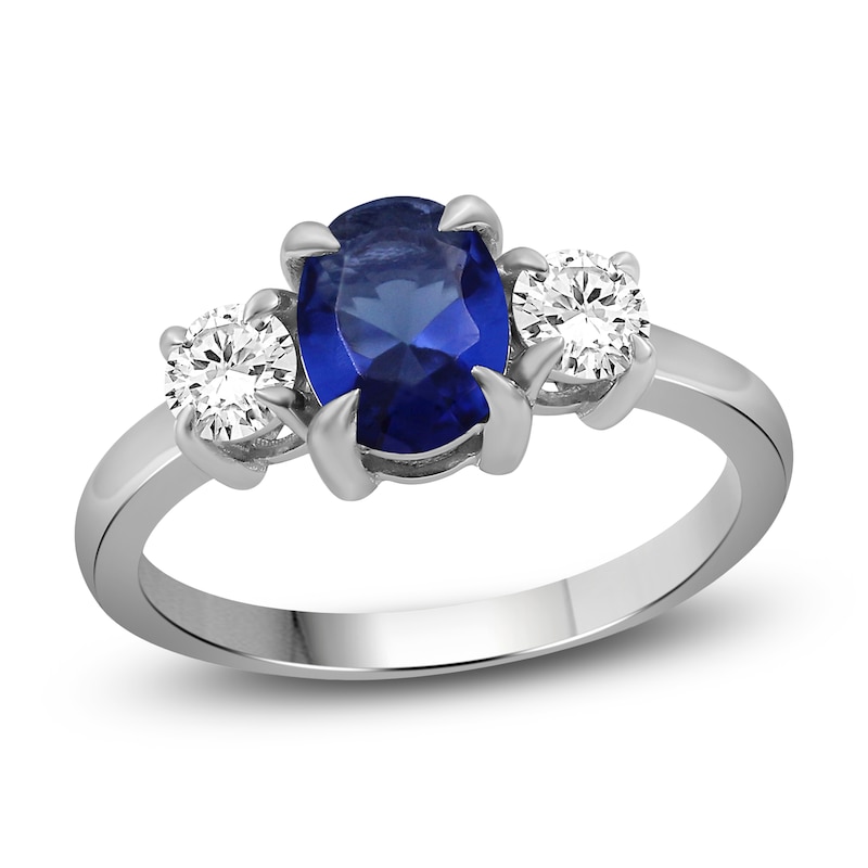 Main Image 1 of Oval-Cut Blue Lab-Created Sapphire & White Lab-Created Sapphire Three-Stone Ring Sterling Silver