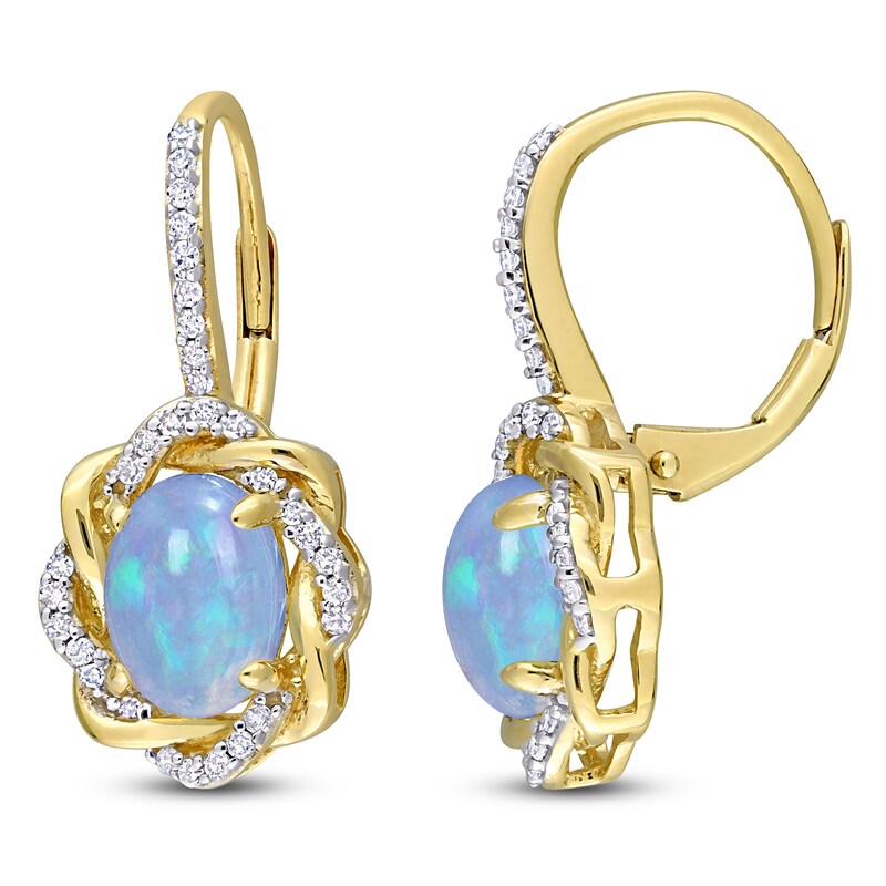 Main Image 1 of Oval-Cut Natural Blue Opal & Diamond Twist Frame Drop Earrings 1/4 ct tw 10K Yellow Gold