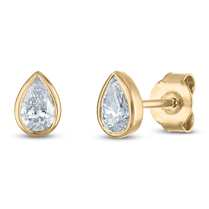 Main Image 2 of Pear-Shaped Lab-Grown Diamond Bezel-Set Solitaire Stud Earrings 1/2 ct tw 14K Yellow Gold (SI2/I)