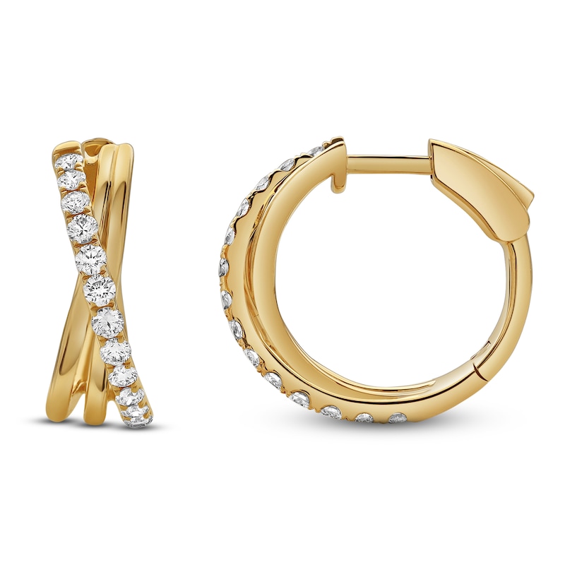 Main Image 3 of Jared Signature Diamond Crossover Huggie Hoop Earrings 1 ct tw 14K Yellow Gold