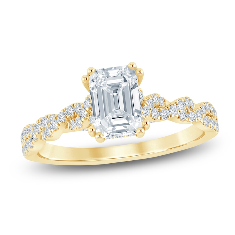 Main Image 1 of Brilliant Moments Certified Emerald-Cut Diamond Hidden Halo Twist Shank Engagement Ring 1-1/4 ct tw 14K Yellow Gold