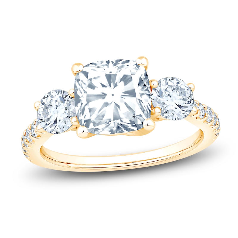 Main Image 1 of Cushion & Round-Cut Lab-Grown Diamond Three-Stone Engagement Ring 3 ct tw 14K Yellow Gold