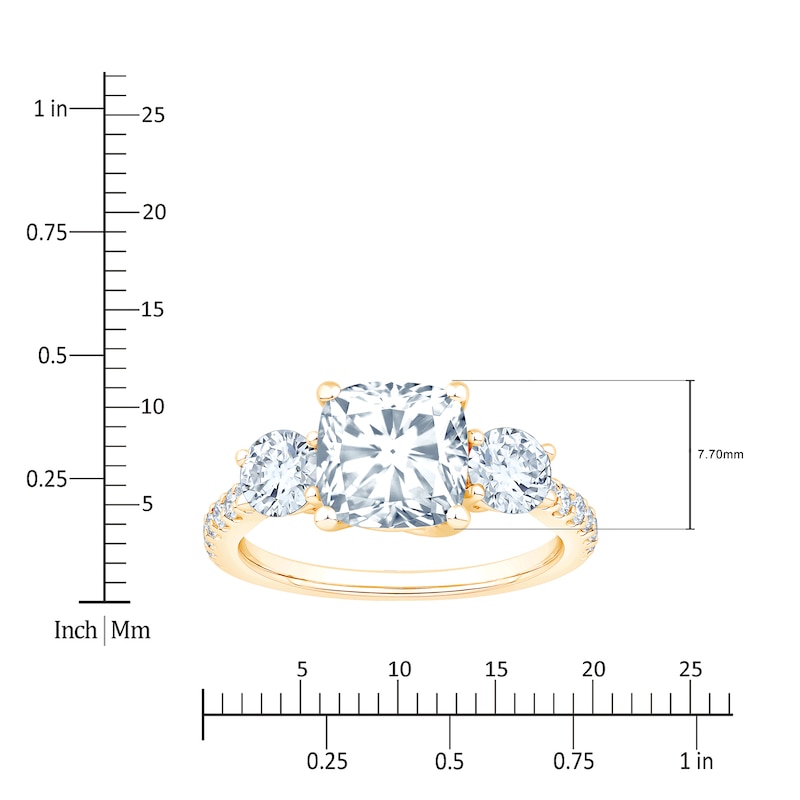 Main Image 4 of Cushion & Round-Cut Lab-Grown Diamond Three-Stone Engagement Ring 3 ct tw 14K Yellow Gold