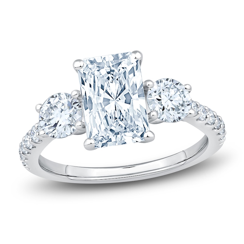 Main Image 1 of Radiant & Round-Cut Lab-Grown Diamond Three-Stone Engagement Ring 3 ct tw 14K White Gold