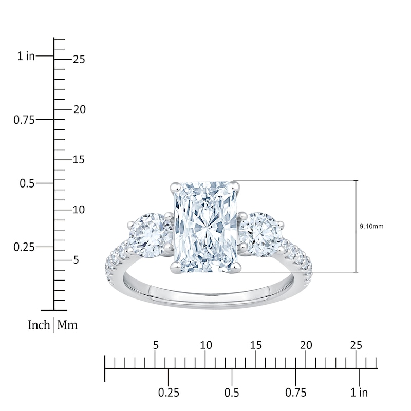 Main Image 4 of Radiant & Round-Cut Lab-Grown Diamond Three-Stone Engagement Ring 3 ct tw 14K White Gold