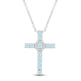 Natural Aquamarine & White Lab-Created Sapphire Cross Necklace Sterling Silver 18"