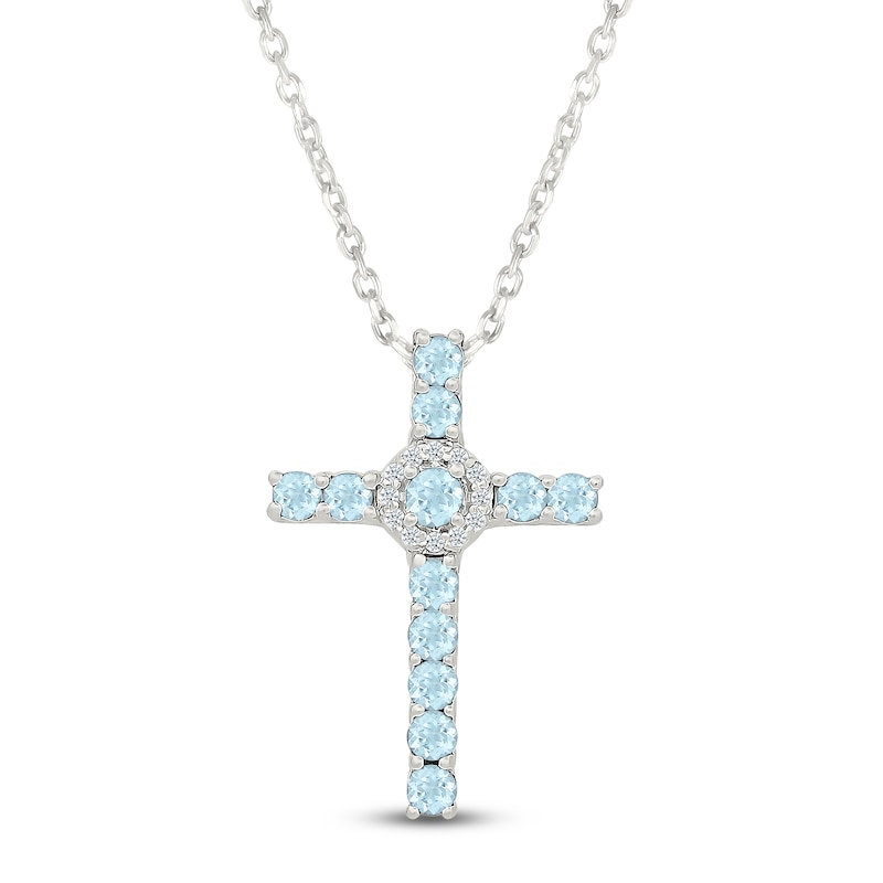 Main Image 1 of Natural Aquamarine & White Lab-Created Sapphire Cross Necklace Sterling Silver 18"