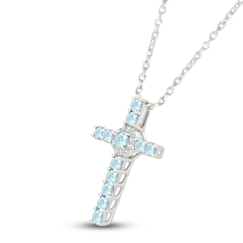 Main Image 2 of Natural Aquamarine & White Lab-Created Sapphire Cross Necklace Sterling Silver 18"