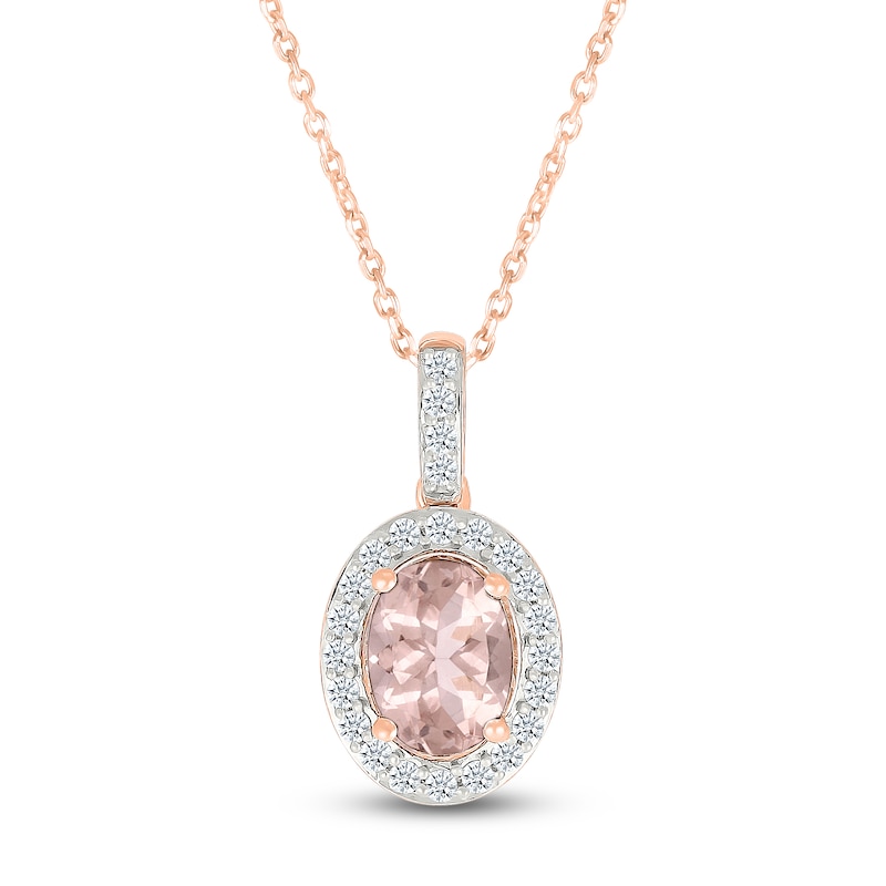 Main Image 1 of Oval-Cut Natural Morganite & White Lab-Created Sapphire Halo Necklace 10K Rose Gold 18"