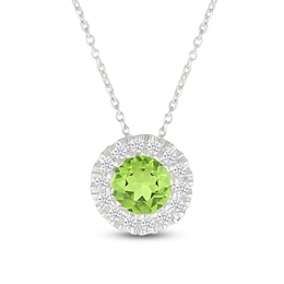 Natural Peridot & Diamond Halo Necklace 1/10 ct tw 10K White Gold 18"