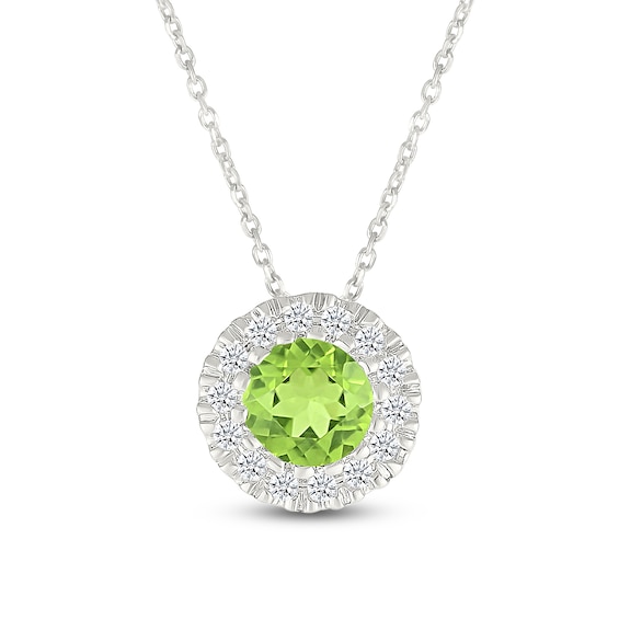 Natural Peridot & Diamond Halo Necklace 1/10 ct tw 10K White Gold 18"