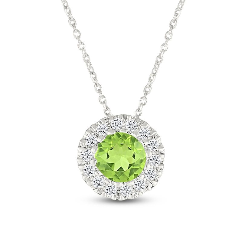 Main Image 1 of Natural Peridot & Diamond Halo Necklace 1/10 ct tw 10K White Gold 18"