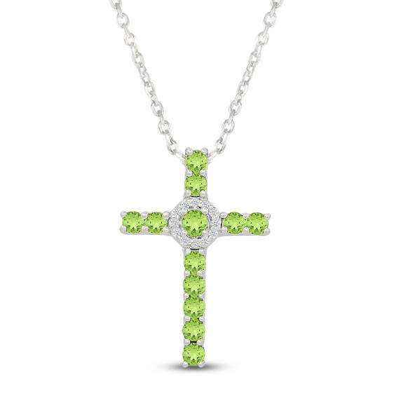 Natural Peridot & White Lab-Created Sapphire Cross Necklace Sterling Silver 18"