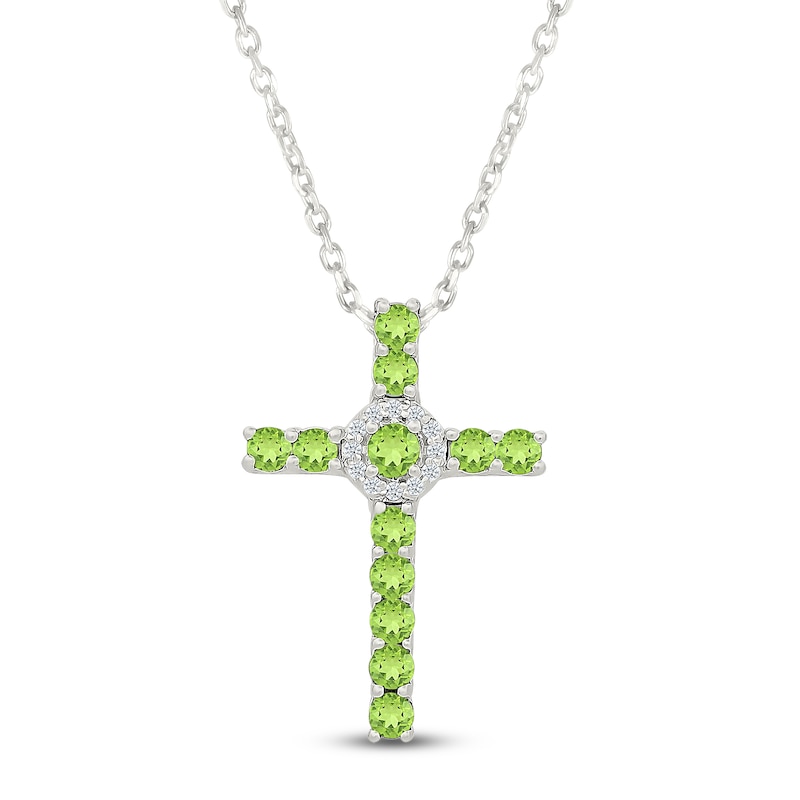 Main Image 1 of Natural Peridot & White Lab-Created Sapphire Cross Necklace Sterling Silver 18"
