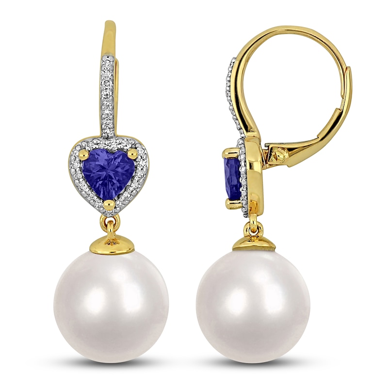 Main Image 1 of Heart-Shaped Natural Tanzanite, Cultured Pearl & Diamond Drop Earrings 1/5 ct tw 10K Yellow Gold