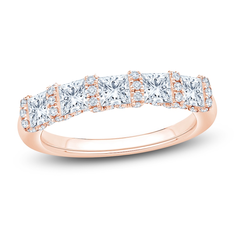 Main Image 1 of Certified Princess & Round-Cut Diamond Scalloped Edge Anniversary Ring 1-1/2 ct tw 14K Rose Gold