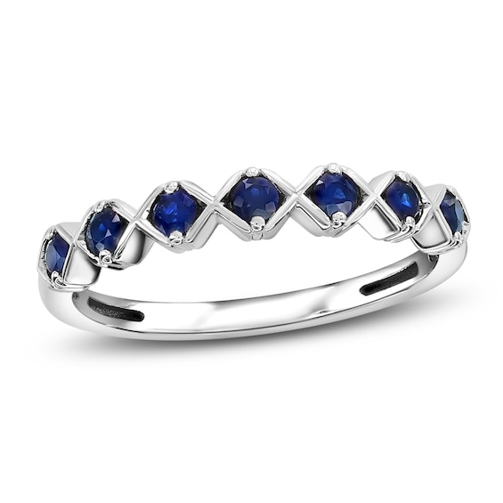 Natural Blue Sapphire Tilted Frame Stackable Ring 10K White Gold