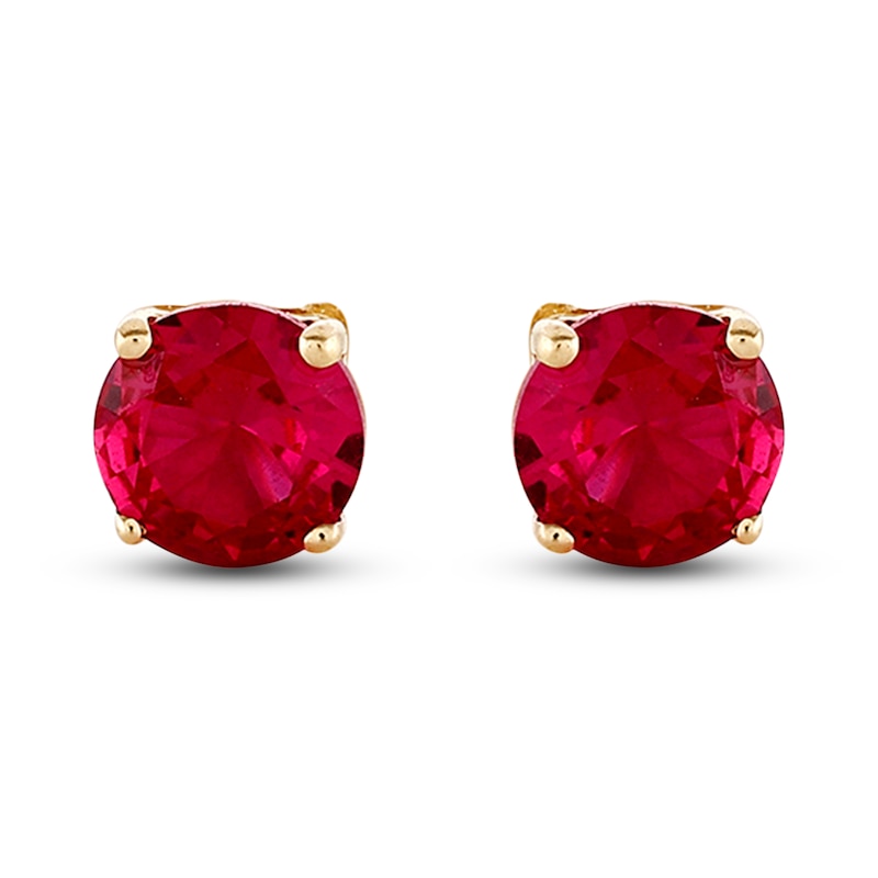 Main Image 1 of Lab-Created Ruby Earrings Round-Cut 14K Yellow Gold