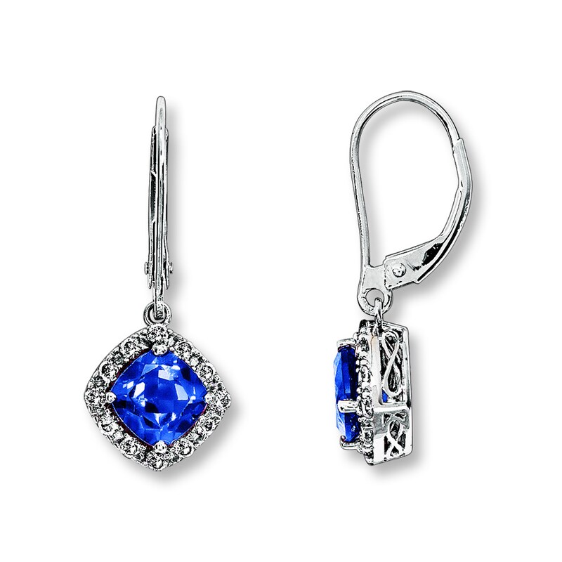 Main Image 1 of Lab-Created Sapphire Earrings Cushion-Cut 10K White Gold