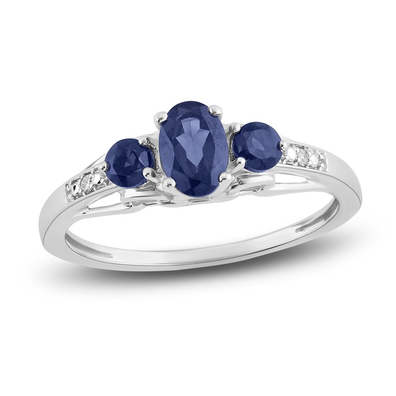 Main Image 1 of Natural Sapphire Ring with Diamonds 10K White Gold