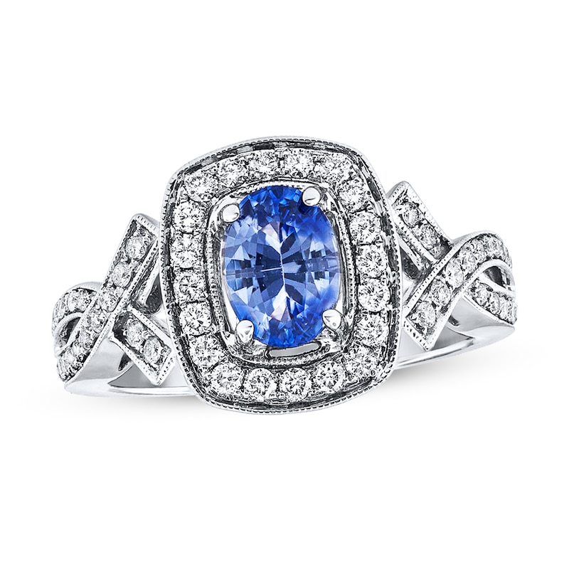 Natural Sapphire Ring Diamonds 14K White Gold