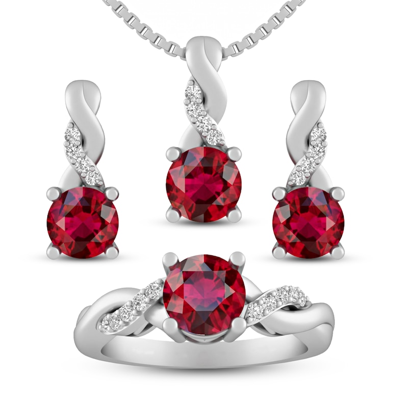Main Image 1 of Lab-Created Ruby/Sapphire Ring/Earring/Necklace Set Round Sterling Silver