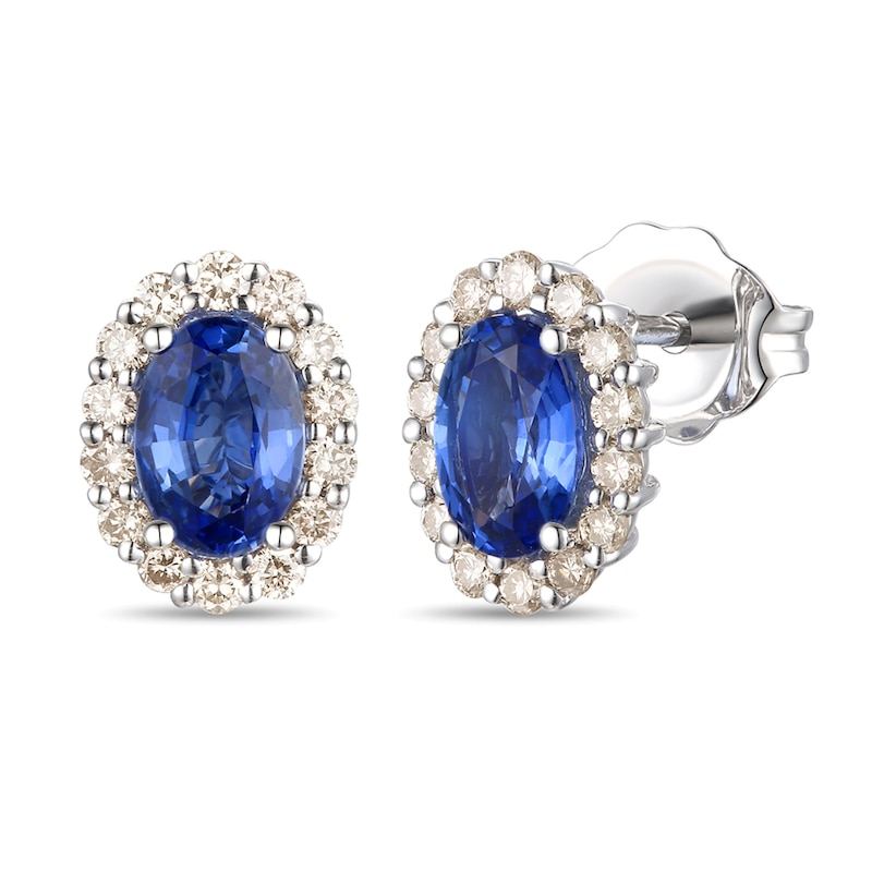 3Ct Oval Cut Blue Sapphire Halo & Diamond Stud Earrings 14k Yellow Gold Finish