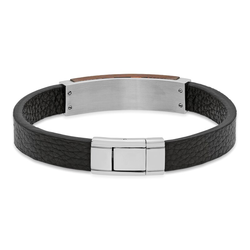 Men's Station Bracelet Black Leather/Stainless Steel 8.5"