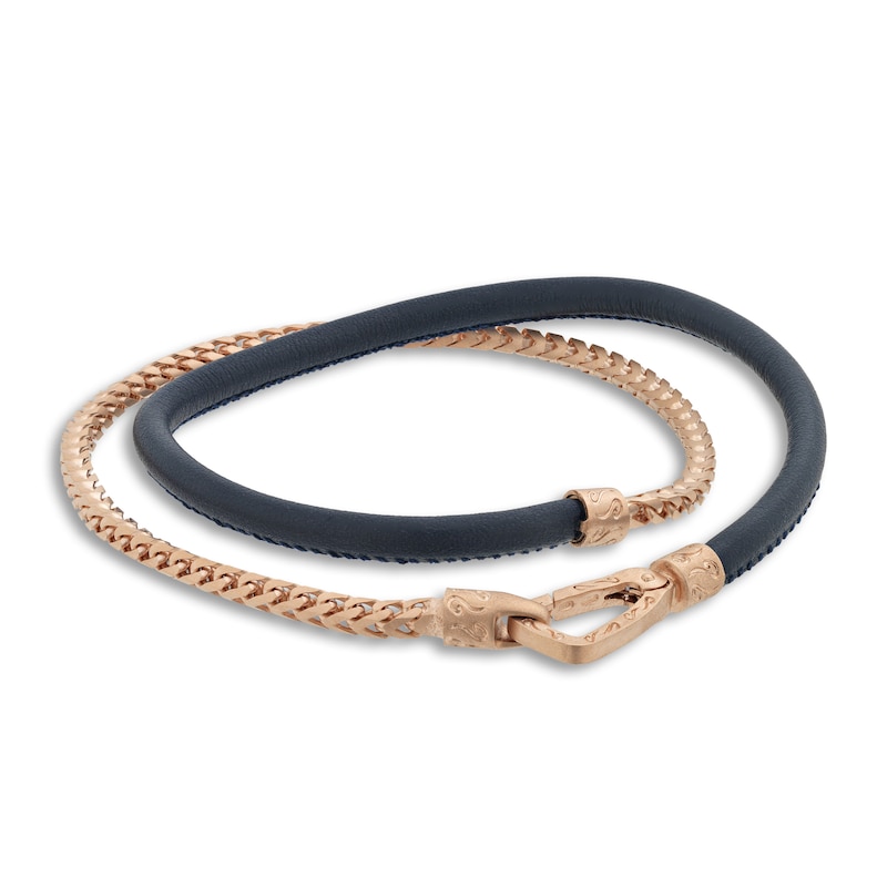 Marco Dal Maso Men's Double Blue Leather/Foxtail Chain Bracelet Sterling Silver/18K Rose Gold-Plated 16"