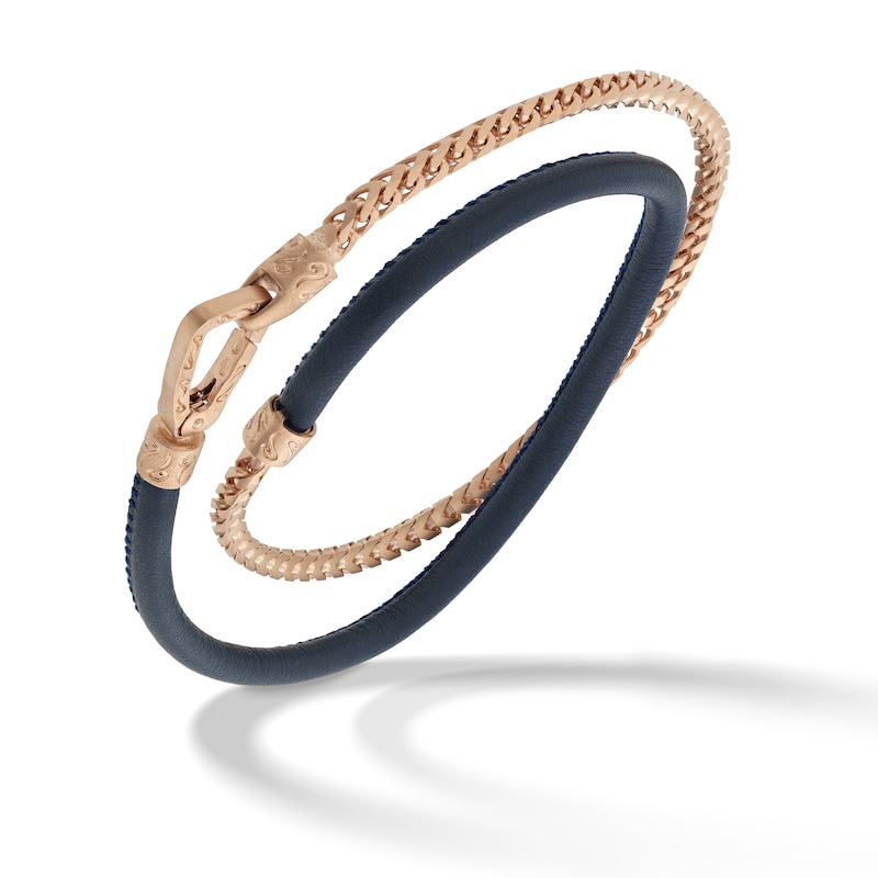 Marco Dal Maso Men's Double Blue Leather/Foxtail Chain Bracelet Sterling Silver/18K Rose Gold-Plated 16"