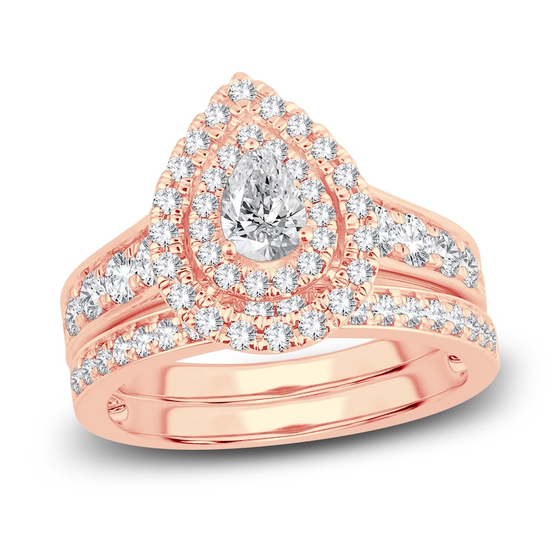 Main Image 1 of Diamond Double Halo Bridal Set 1-1/2 ct tw Pear/Round 14K Rose Gold
