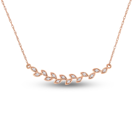 Diamond Leaf Bar Necklace 1/20 ct tw Round 10K Rose Gold 17"