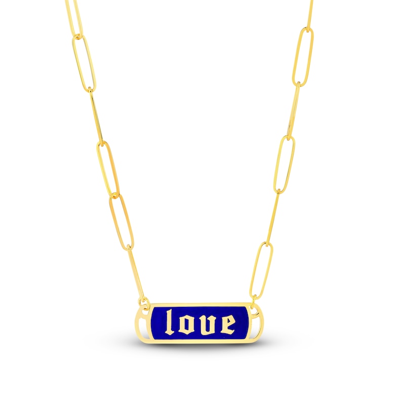 Love Enamel Paperclip Chain Necklace 14K Yellow Gold 18"
