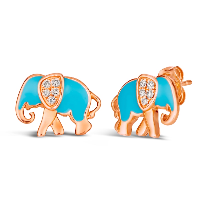 Le Vian Diamond Elephant Stud Earrings 1/15 ct tw Round Turquoise Enamel 14K Strawberry Gold