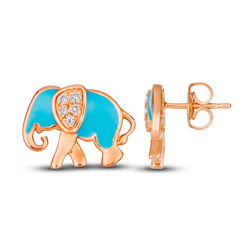 Le Vian Diamond Elephant Stud Earrings 1/15 ct tw Round Turquoise Enamel 14K Strawberry Gold