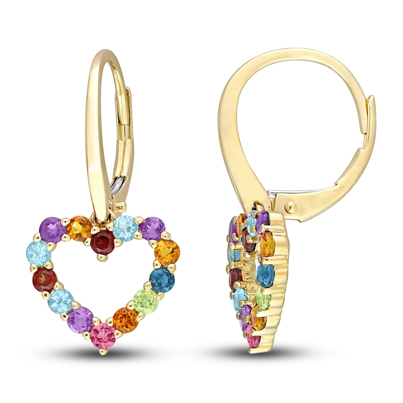 Natural Multi-Gemstone Heart Dangle Earrings 10K Yellow Gold
