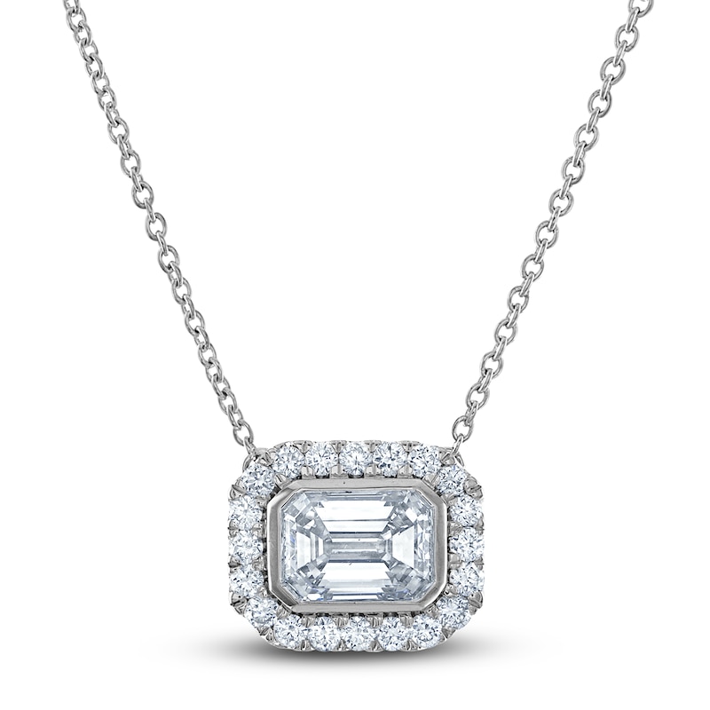 Main Image 1 of Lab-Grown Diamond Necklace 1-1/6 ct tw Emerald/Round 14K White Gold